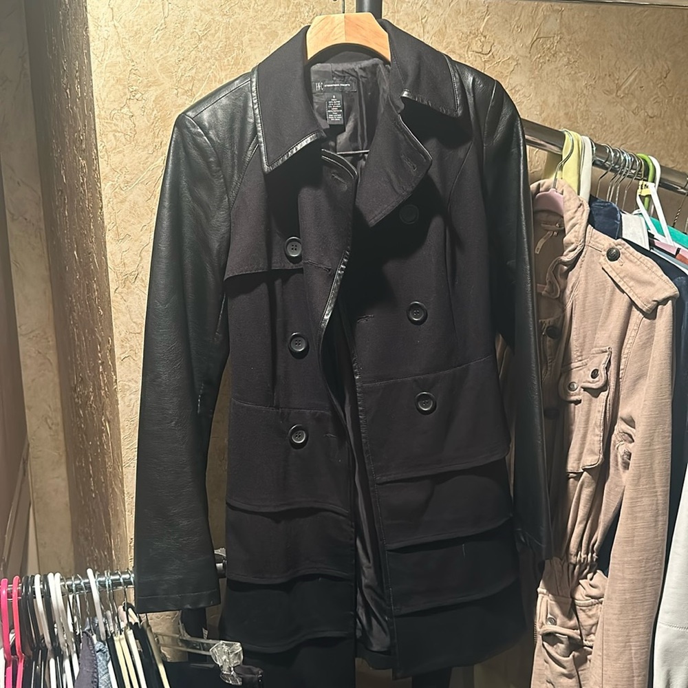 Inc brand size small black trench coat with leather accents.